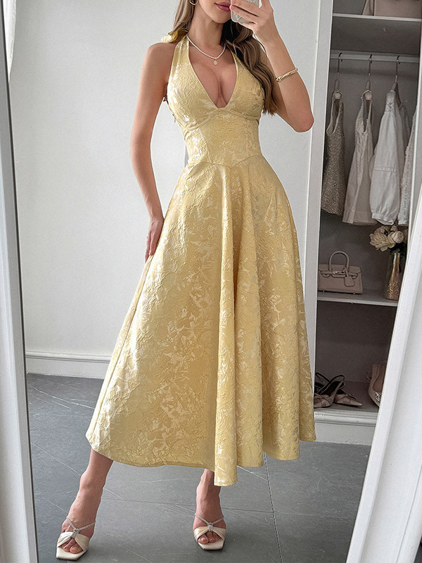 Tied Solid Color Pleated Jacquard Drawstring Backless Sleeveless Loose Halter-Neck Midi Dresses