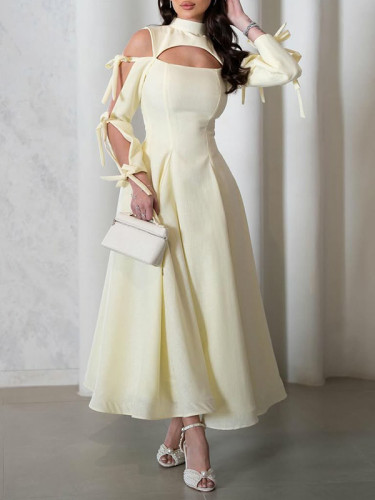 Tied Solid Color Hollow Long Sleeves A-line Mock Neck Maxi Dresses