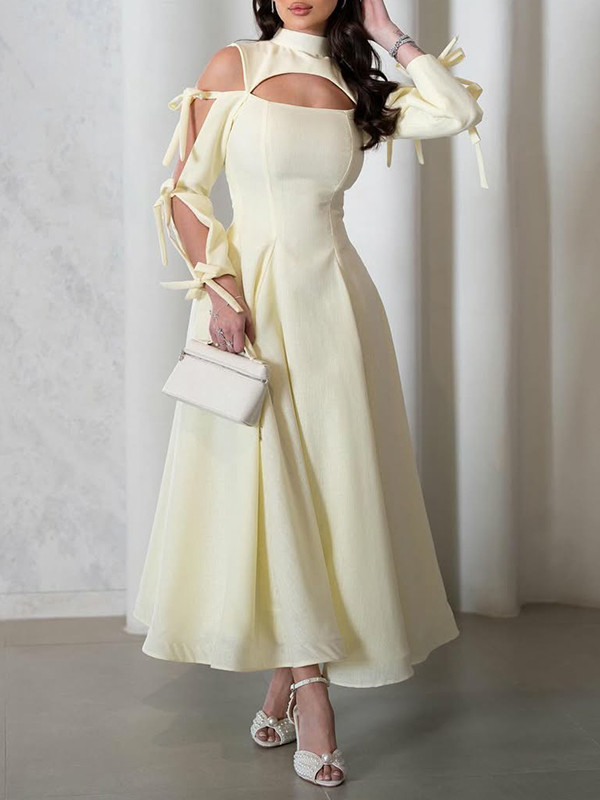 Tied Solid Color Hollow Long Sleeves A-line Mock Neck Maxi Dresses