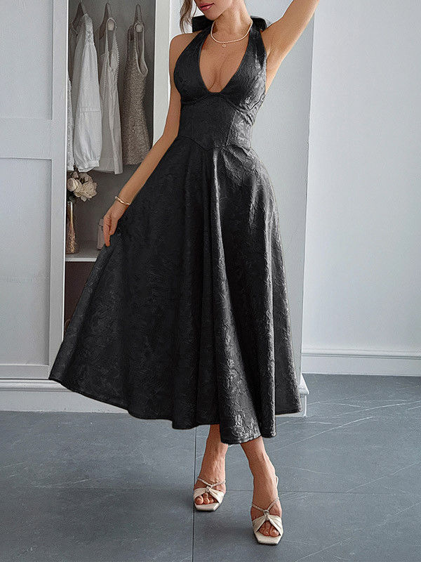 Tied Solid Color Pleated Jacquard Drawstring Backless Sleeveless Loose Halter-Neck Midi Dresses