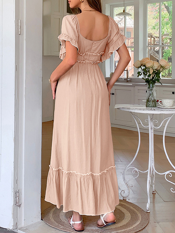 Zipper Split-Joint Ruffle Trim Pleated Short Sleeves Loose Square-Neck Midi Dresses