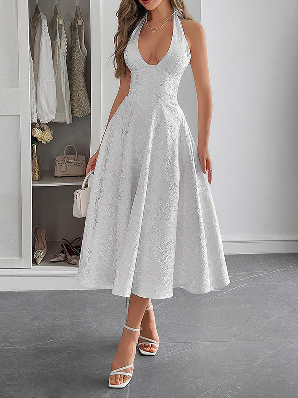 Tied Solid Color Pleated Jacquard Drawstring Backless Sleeveless Loose Halter-Neck Midi Dresses
