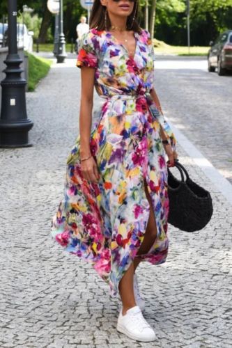 Women's Fashionable Casual Loose Floral Tie V-neck Split Print Short Sleeved Long Dress
