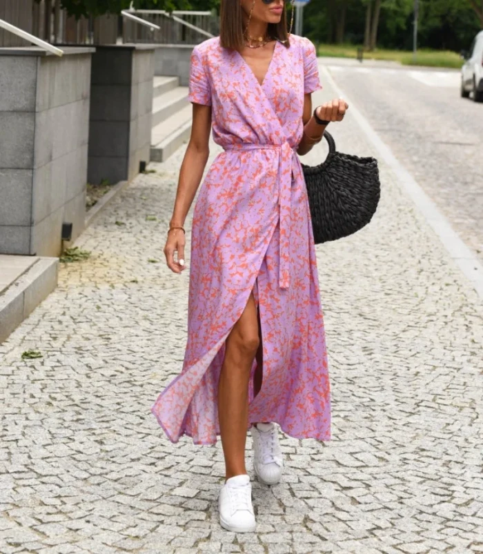 Women's Fashionable Casual Loose Floral Tie V-neck Split Print Short Sleeved Long Dress