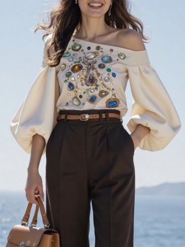 Printed Puff Sleeves Long Sleeves Off-the-shoulder Blouses&shirts Tops