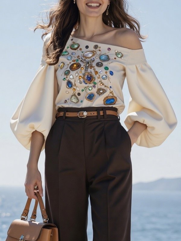 Printed Puff Sleeves Long Sleeves Off-the-shoulder Blouses&shirts Tops