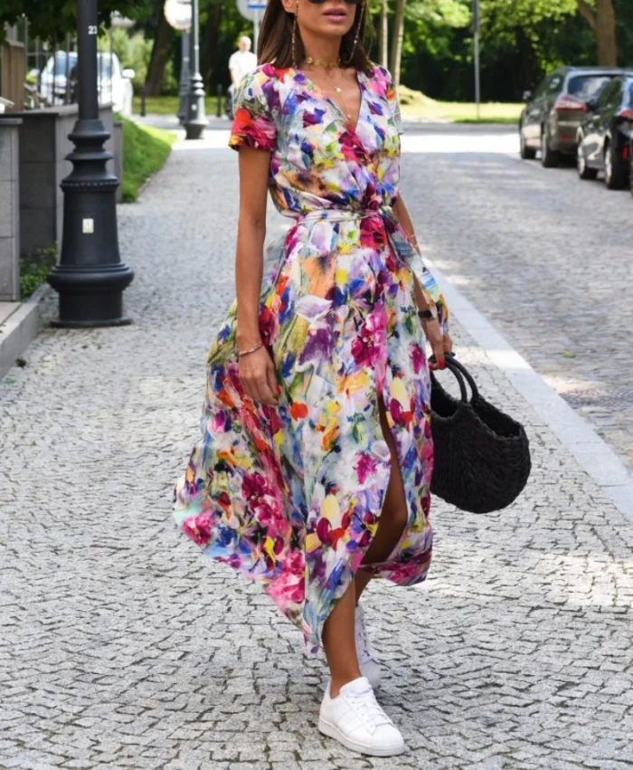Women's Fashionable Casual Loose Floral Tie V-neck Split Print Short Sleeved Long Dress