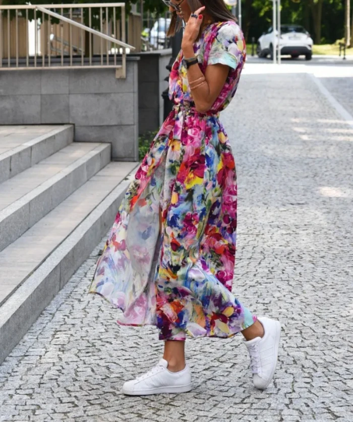 Women's Fashionable Casual Loose Floral Tie V-neck Split Print Short Sleeved Long Dress