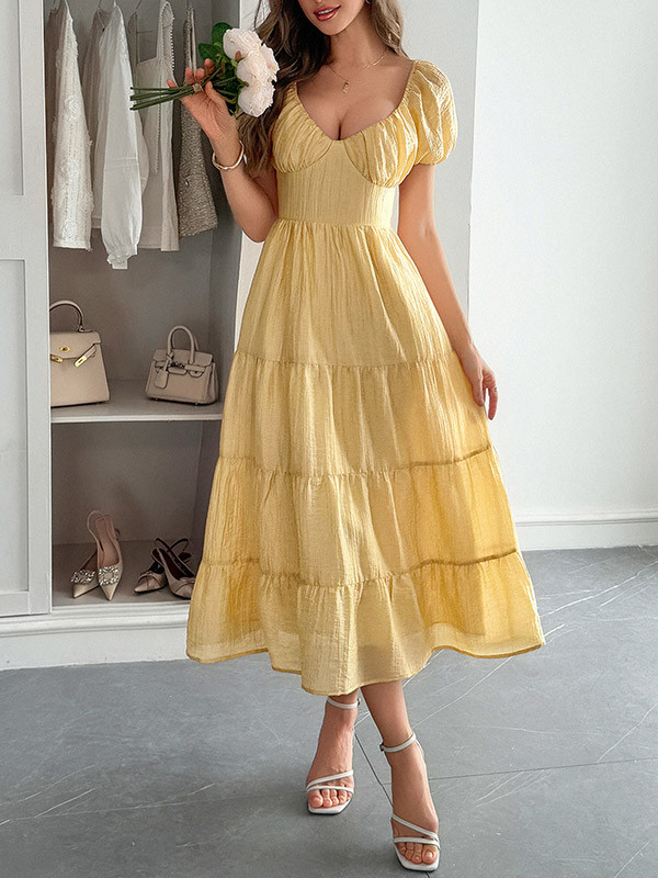 Tied Solid Color Pleated Backless Puff Sleeves Loose V-Neck Midi Dresses