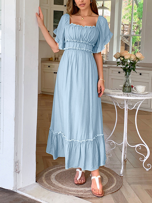 Zipper Split-Joint Ruffle Trim Pleated Short Sleeves Loose Square-Neck Midi Dresses