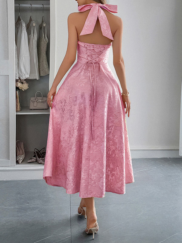 Tied Solid Color Pleated Jacquard Drawstring Backless Sleeveless Loose Halter-Neck Midi Dresses