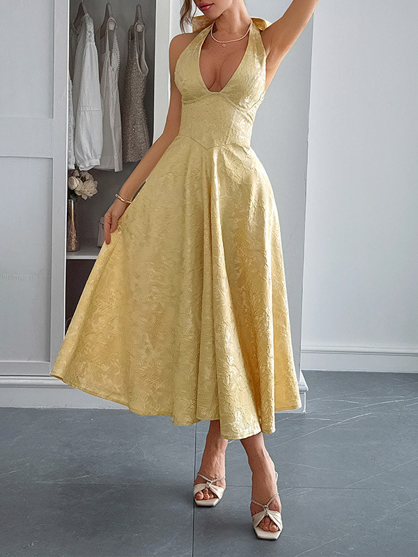 Tied Solid Color Pleated Jacquard Drawstring Backless Sleeveless Loose Halter-Neck Midi Dresses