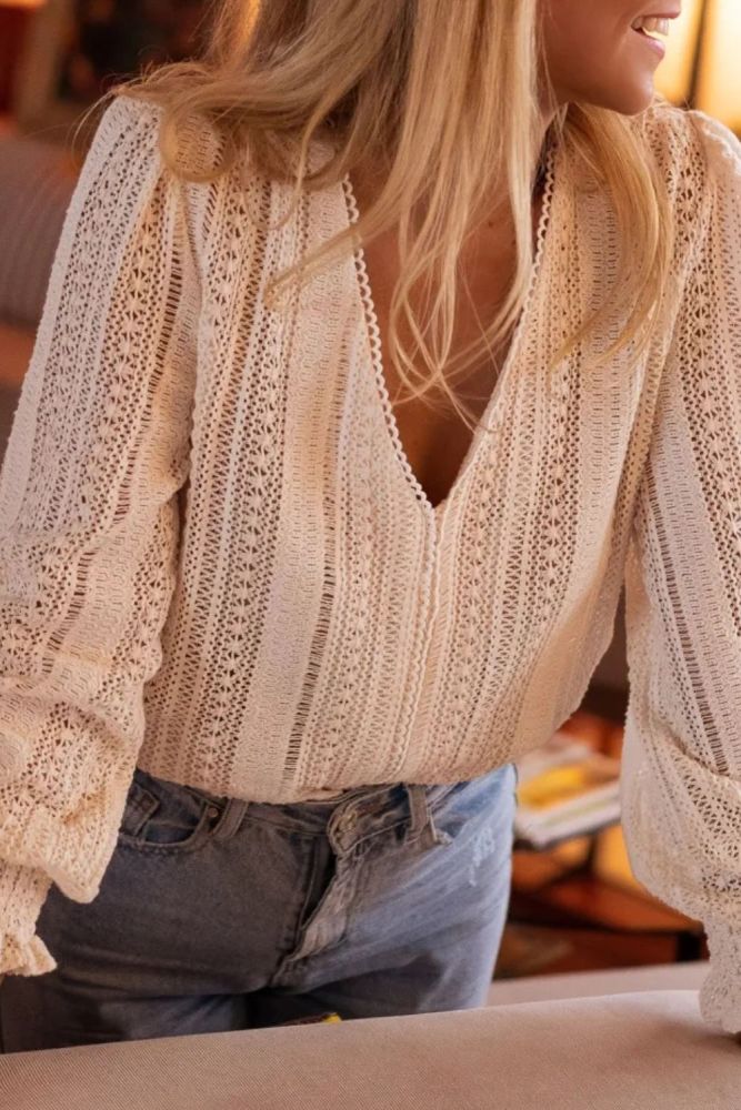 Casual Solid Color Long Sleeve V-neck Hollow Out Blouses