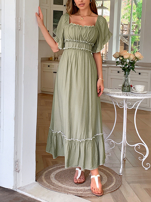 Zipper Split-Joint Ruffle Trim Pleated Short Sleeves Loose Square-Neck Midi Dresses