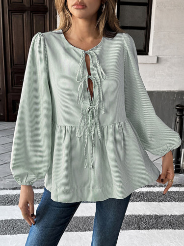 Elasticity Pleated Striped Tied Long Sleeves Loose Round-Neck Blouses&Shirts Tops
