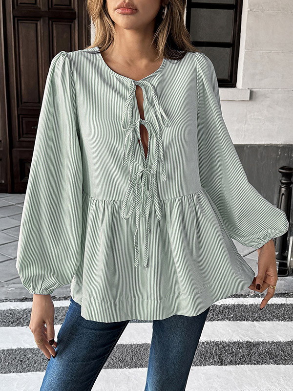 Elasticity Pleated Striped Tied Long Sleeves Loose Round-Neck Blouses&Shirts Tops