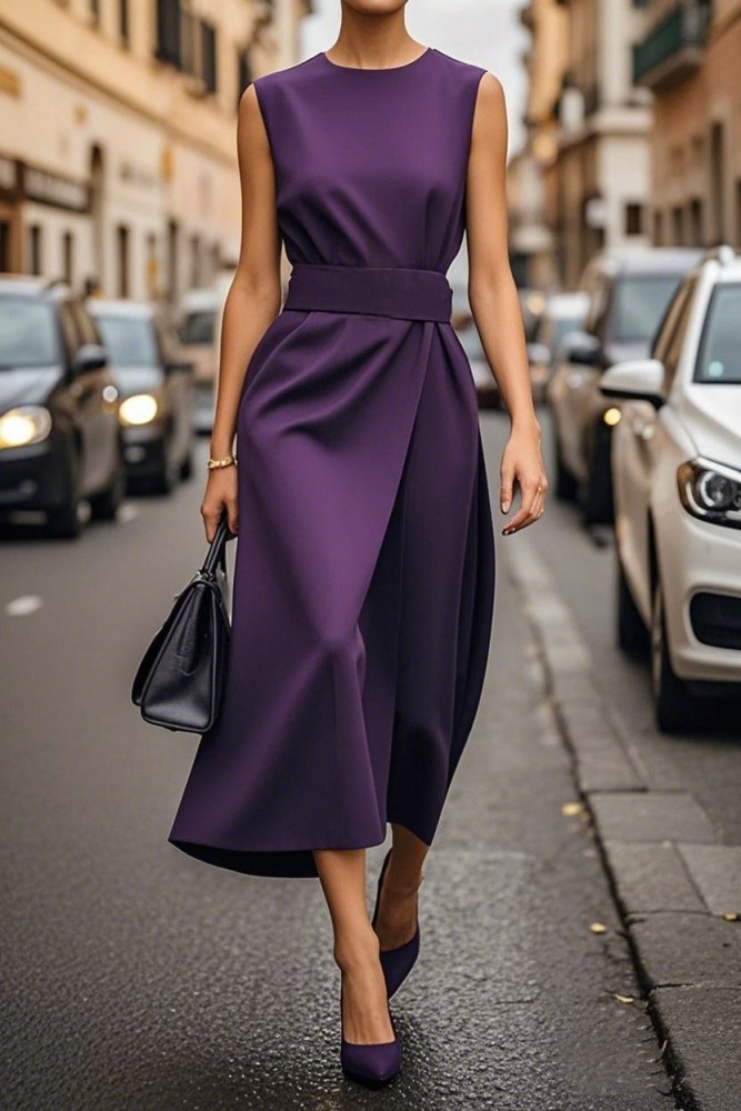 Women's Fashion Sleeveless Round Neck Solid Color O-neck Casual Long Dress