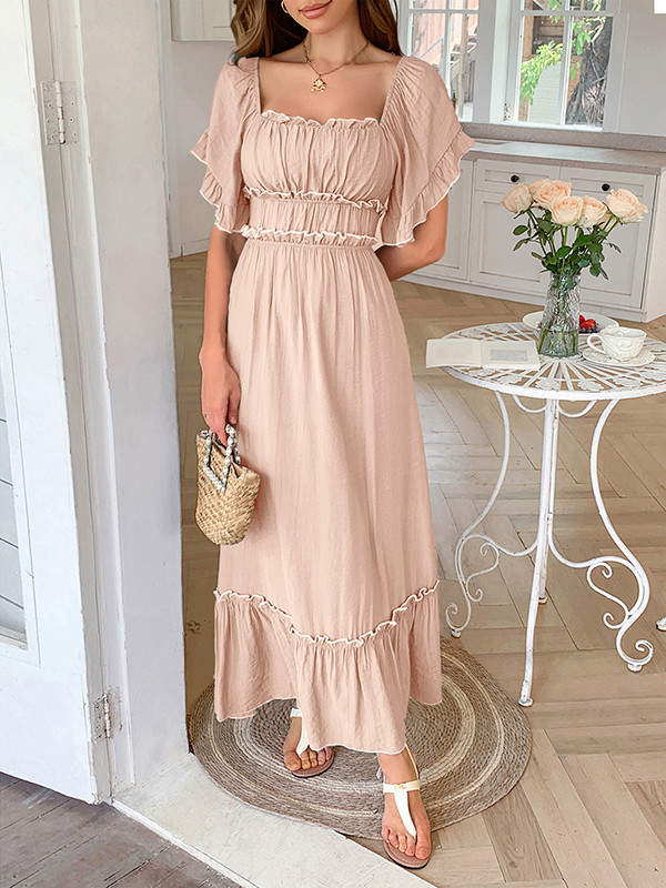 Zipper Split-Joint Ruffle Trim Pleated Short Sleeves Loose Square-Neck Midi Dresses