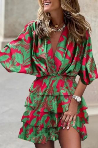 Women's Commuter Fashion V-neck Bat Sleeve Tie Waist Irregular Casual Holiday Dress