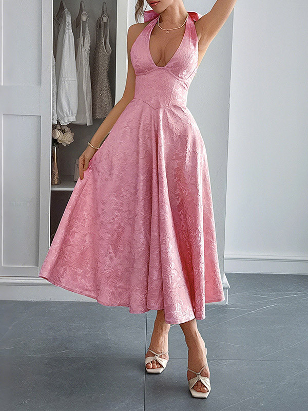 Tied Solid Color Pleated Jacquard Drawstring Backless Sleeveless Loose Halter-Neck Midi Dresses