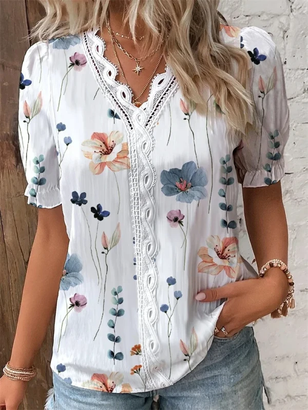 Women V Neck Splice Lace Elegant Botanical Flowers Prints Blouse Casual Short Sleeve Top
