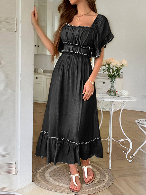Zipper Split-Joint Ruffle Trim Pleated Short Sleeves Loose Square-Neck Midi Dresses