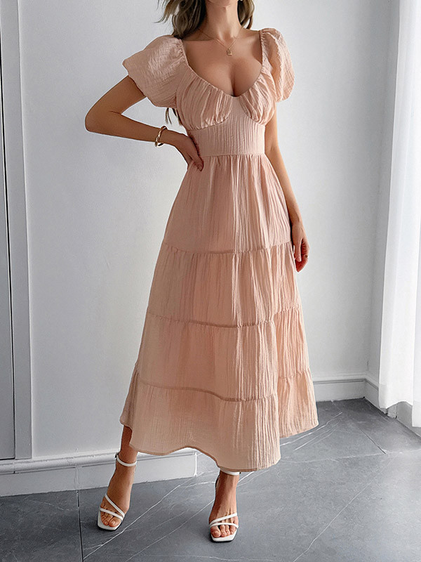 Tied Solid Color Pleated Backless Puff Sleeves Loose V-Neck Midi Dresses