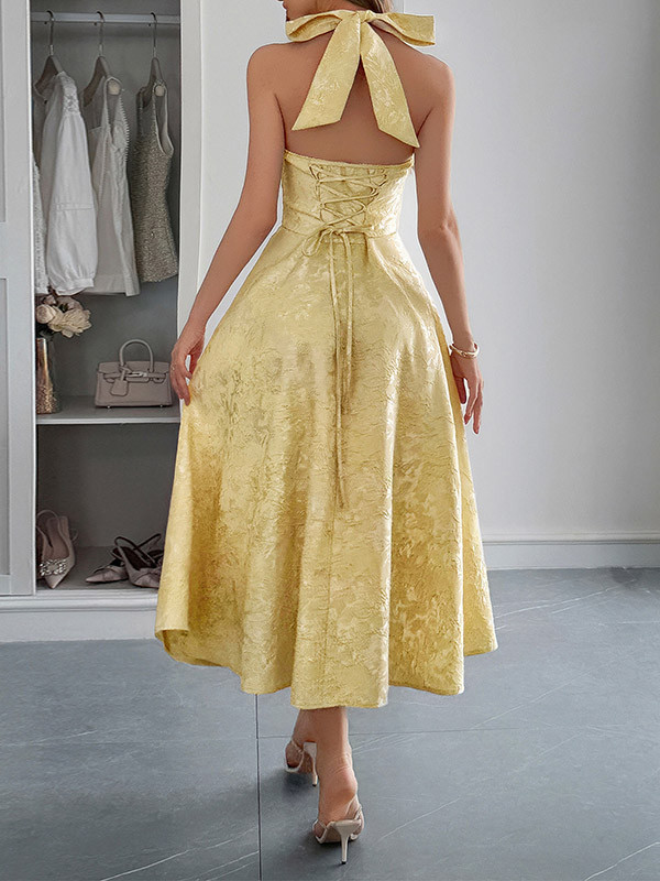 Tied Solid Color Pleated Jacquard Drawstring Backless Sleeveless Loose Halter-Neck Midi Dresses