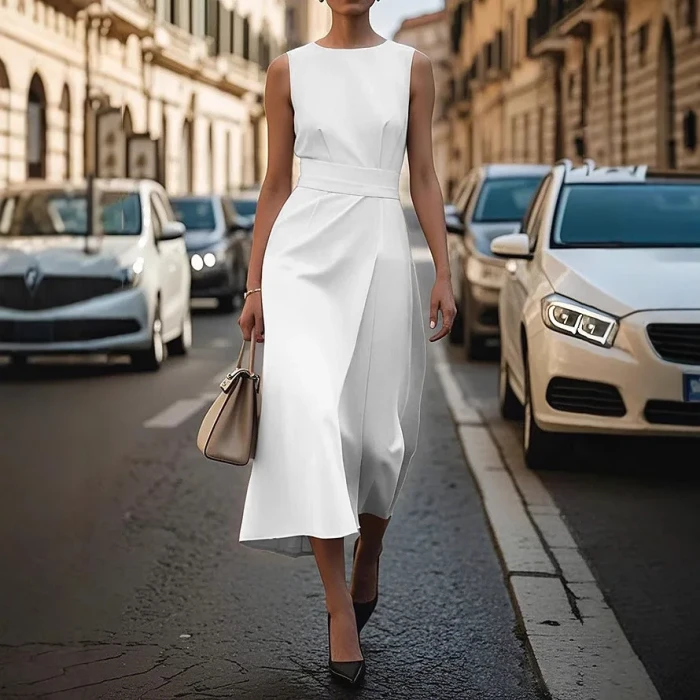Women's Fashion Sleeveless Round Neck Solid Color O-neck Casual Long Dress