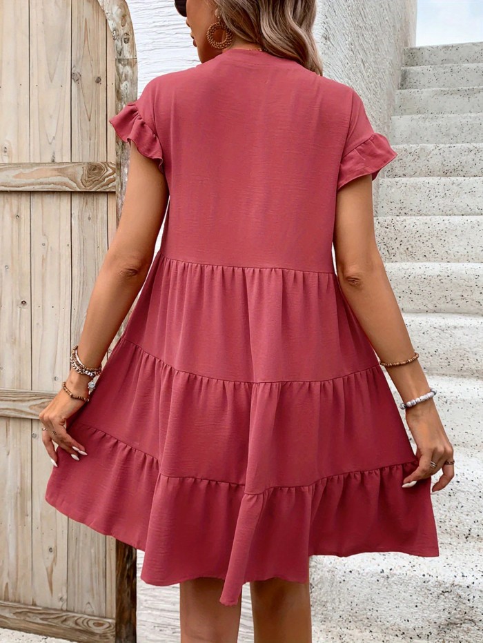 Women's Summer Short Sleeve Ruffled Button Solid Color Elegant Fashionable Outfit Short Dress