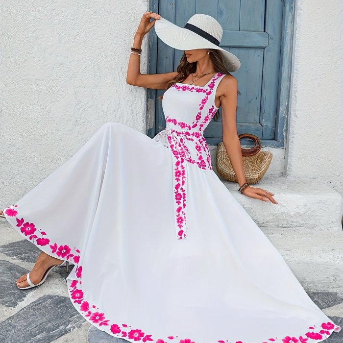 Elegant Floral Print Sleeveless A-Line  Maxi Dress for Women