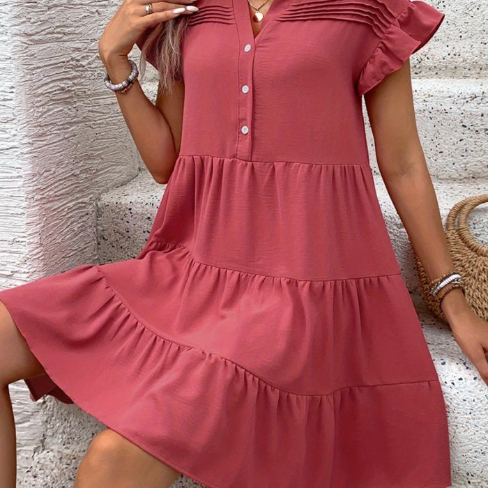 Women's Summer Short Sleeve Ruffled Button Solid Color Elegant Fashionable Outfit Short Dress