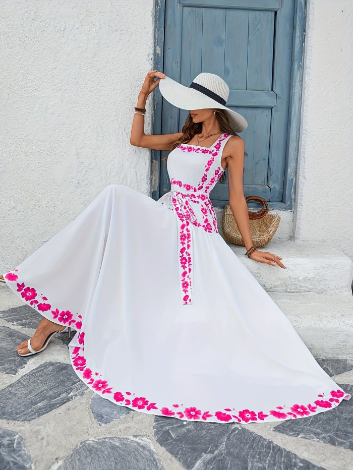 Elegant Floral Print Sleeveless A-Line  Maxi Dress for Women
