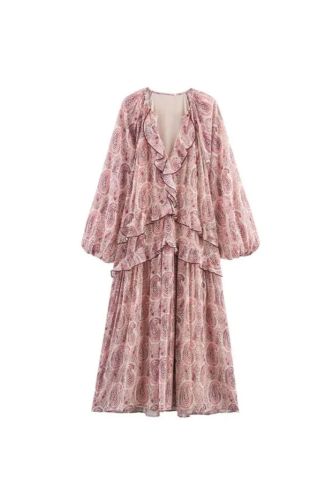 Vintage Print Chiffon V-Neck Cascading Ruffle Long Sleeve Female Elegant Street Dresses
