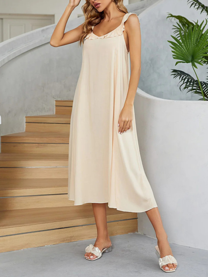 Women's Elegant Beige Ruffled Sleeveless Loose Fit Round Neck Solid Color Maxi Dress
