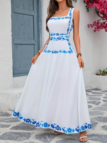 Elegant Floral Print Sleeveless A-Line  Maxi Dress for Women