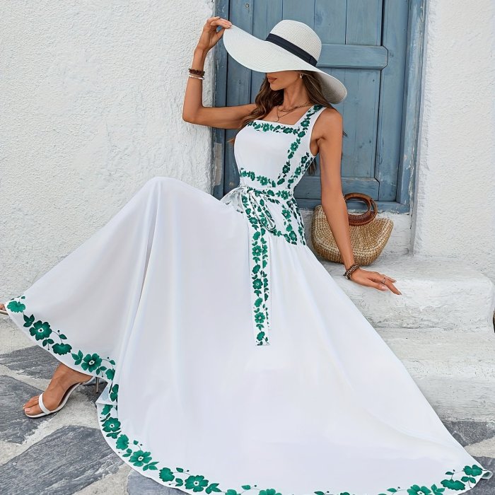 Elegant Floral Print Sleeveless A-Line  Maxi Dress for Women