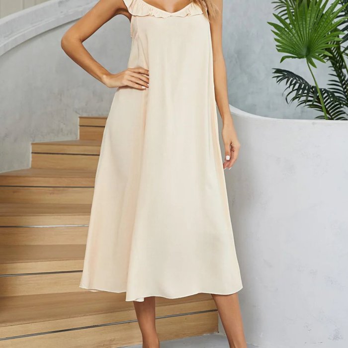 Women's Elegant Beige Ruffled Sleeveless Loose Fit Round Neck Solid Color Maxi Dress