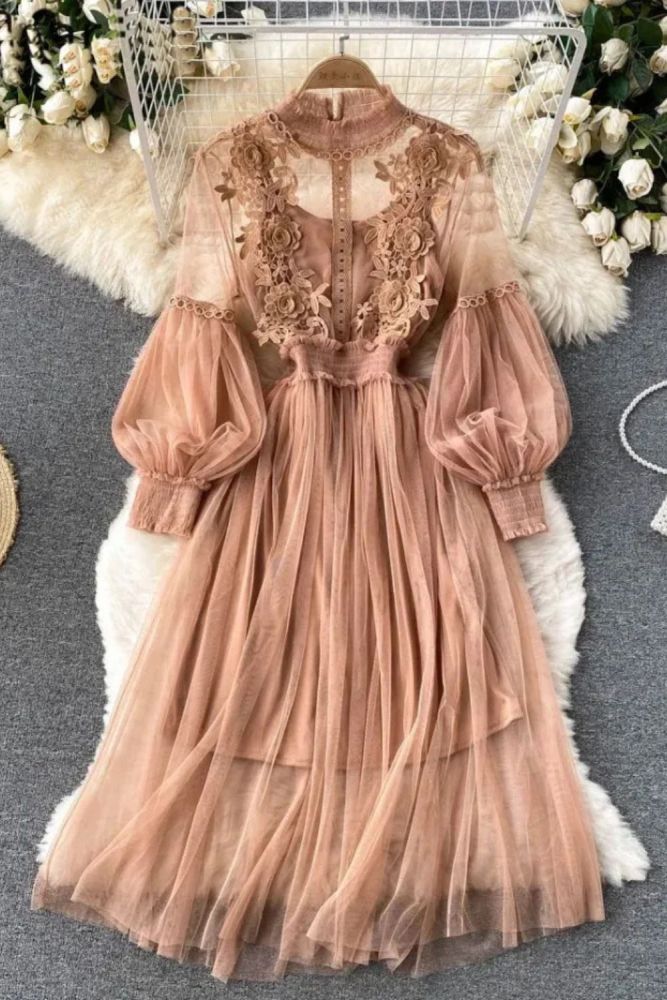 Flower Hook Mesh Temperament Stand Collar Lantern Sleeve High Waist Slim  Dresses
