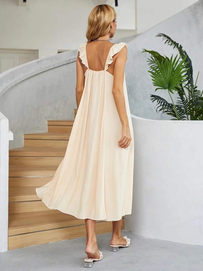 Women's Elegant Beige Ruffled Sleeveless Loose Fit Round Neck Solid Color Maxi Dress