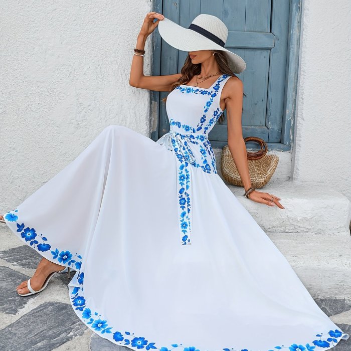 Elegant Floral Print Sleeveless A-Line  Maxi Dress for Women