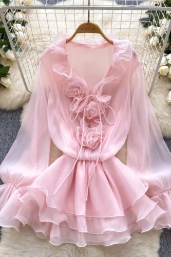 New 3D Floral Beach  Long Sleeves Lace Up Ruffle Chiffon Cake Sundress Sheer Sexy Vintage Bohemian Dress