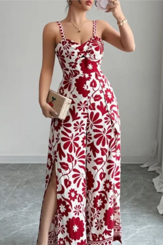 Sleeveless V Neck Print  Sexy High Waist Slight Strech Loose  Jumpsuits