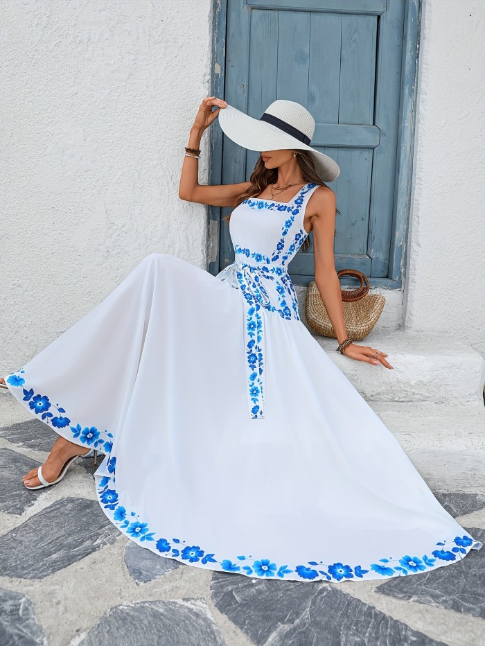 Elegant Floral Print Sleeveless A-Line  Maxi Dress for Women