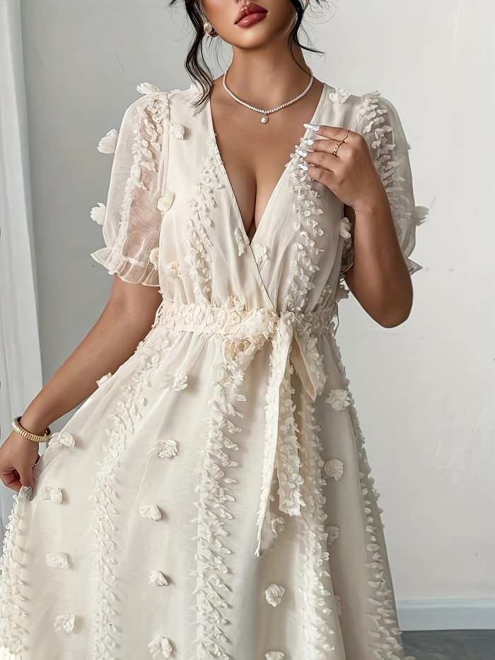 Women'S Elegant V-Neck Long Sleeve Dress with Puff Sleeves and Tie Waist