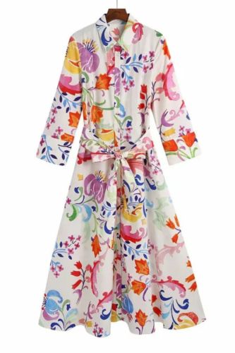 Women Summer Vintage Shirts 3/4 Sleeve Print Turn-down Collar Elegant Dresses