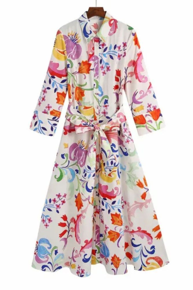 Women Summer Vintage Shirts 3/4 Sleeve Print Turn-down Collar Elegant Dresses