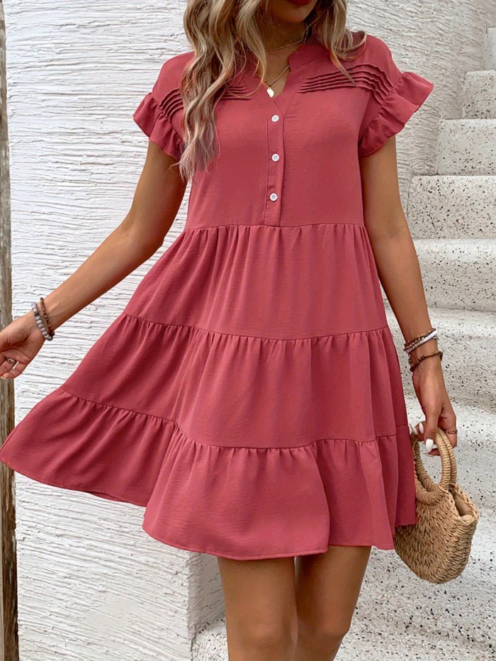 Women's Summer Short Sleeve Ruffled Button Solid Color Elegant Fashionable Outfit Short Dress
