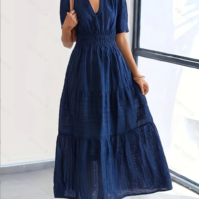 Elegant Light Blue Bohemian V-Neck and Ruffled Hem Casual Formal  Maxi Dress