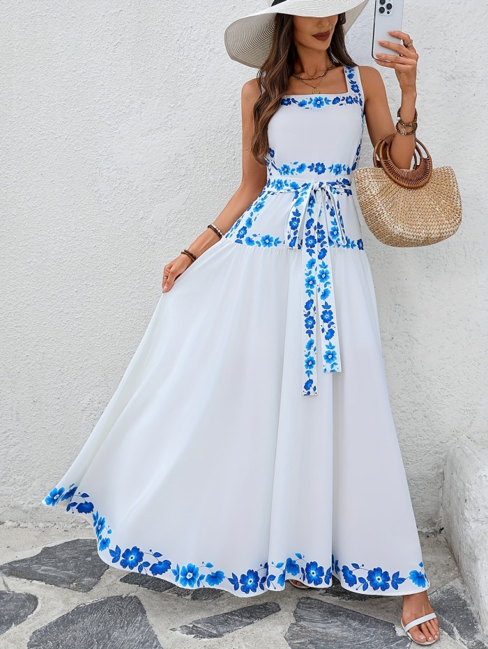 Elegant Floral Print Sleeveless A-Line  Maxi Dress for Women